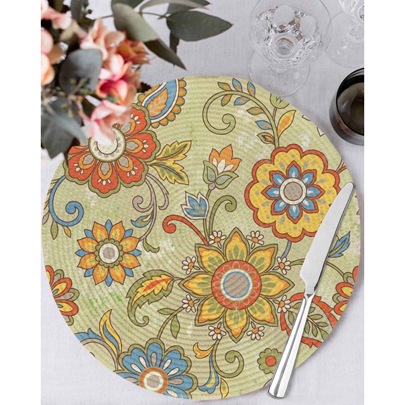 13 Inch Round Placemats Set of 6, Gray Green Boho Floral Non Slip Heat Insulation PP Table Mats, Vintage Abstract Art Ethnic Flowers Washable Place Mats for Kitchen Dining Party Table Decor
