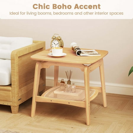 Costway 1 PCS Bamboo Sofa Side Table with Faux Rattan Storage Shelf Boho End Table Living Room - Natural