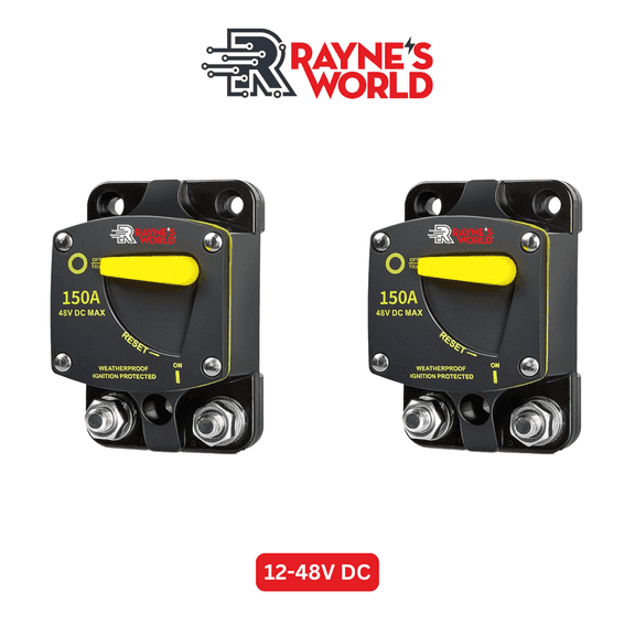 Rayne's World 150 Amp Heavy Duty Circuit Breaker Manual Reset DC 12-48V - Car Audio, Marine, Truck, Trolling Motor, Stereo, RV, Solar Power - 2 Pack