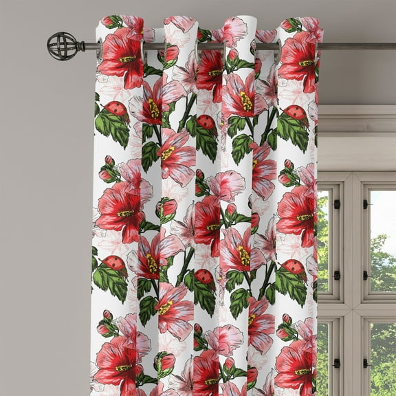 Ambesonne Ladybugs Grommet Curtain Single Panel, Hibiscus Exotic Flora, 50"x60", Red Coral Green