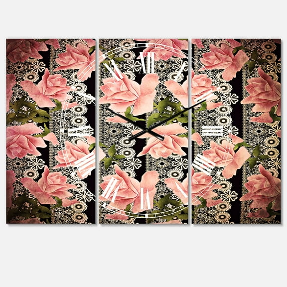 Designart 'Black Lacy Roses Pattern' Traditional Wall Clock