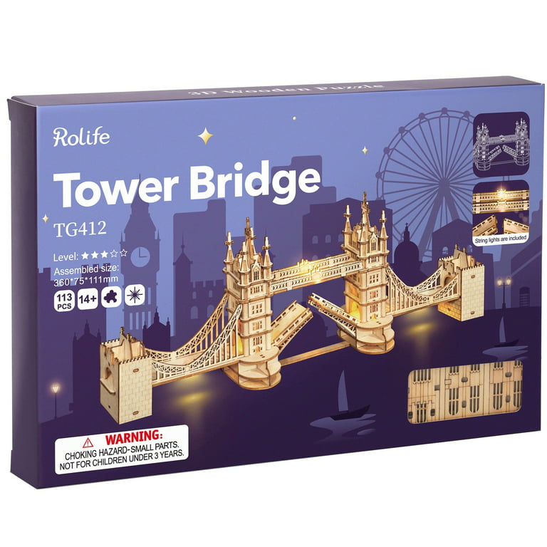 Rolife 3D Puzzle Wooden Craft Kits Tower Bridge With Lights Architecture  Construction Model for Teens 
