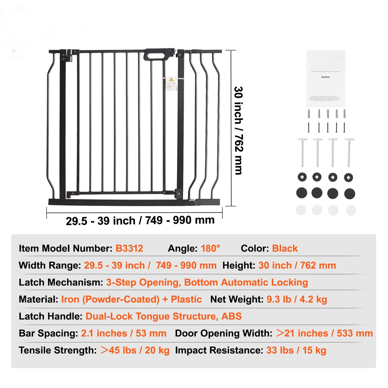 BENTISM 30" Extra Tall Baby Gate for Stairs Doorways, Fits Openings 29.5" to 39" Wide, Auto Close Extra Wide Dog Gate for House, Pressure Mounted Easy Walk Through Pet Gate with Door, Black