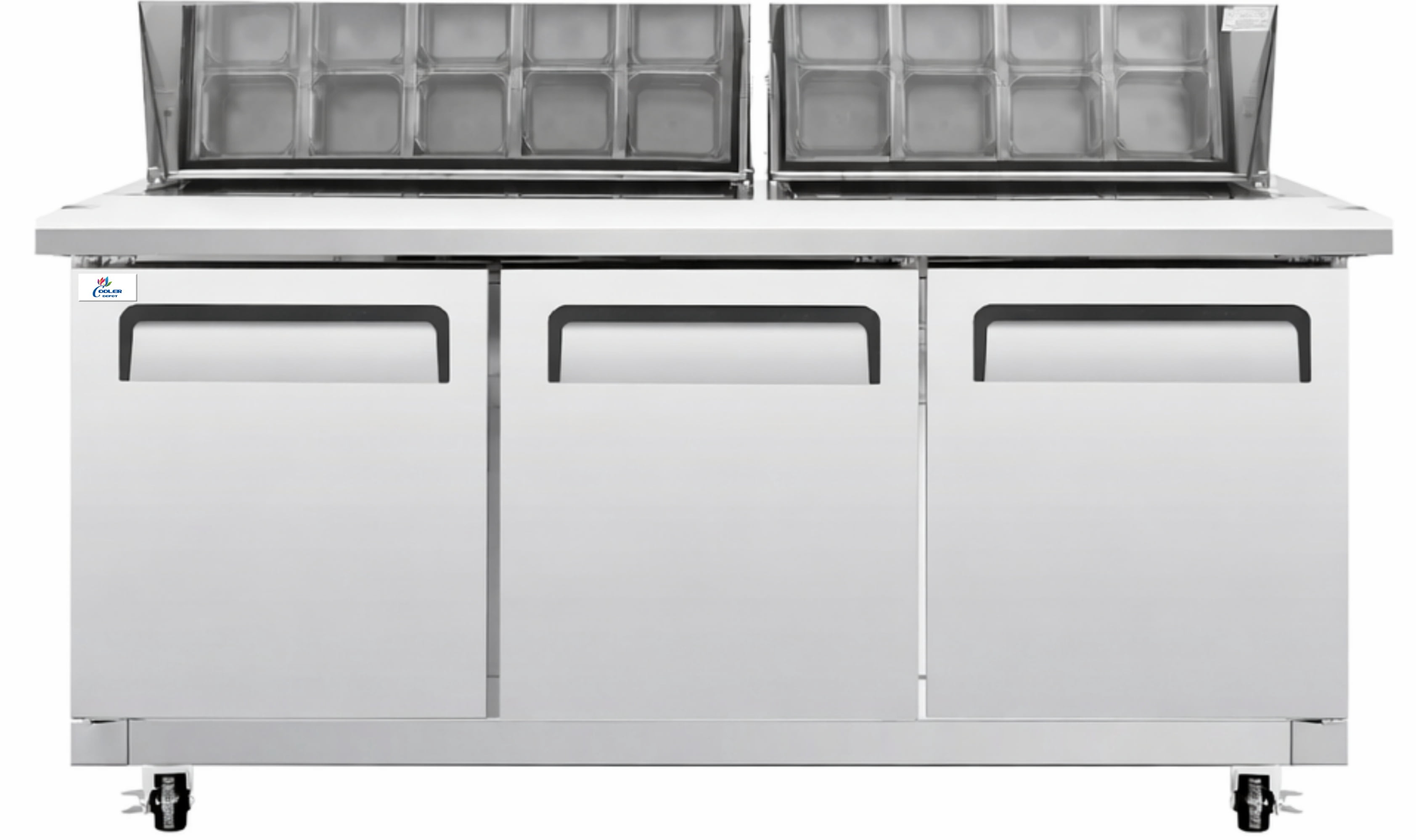 72 in. Commercial Sandwich Prep Table Refrigerator, 18 Cu.Ft., 20 x 1/6 Pan Capacity, Dual Lids, 3-Door, Stainless Steel, NSF Certified