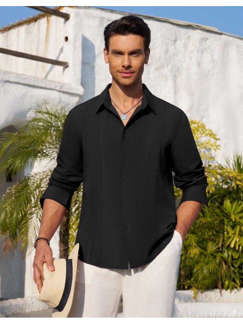 sogami Mens Button Down Linen Guayabera Shirt, Black Long Sleeve
