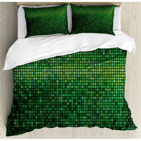 Green Duvet Cover Set Abstract Vibrant Square Pixel Mosaic Design