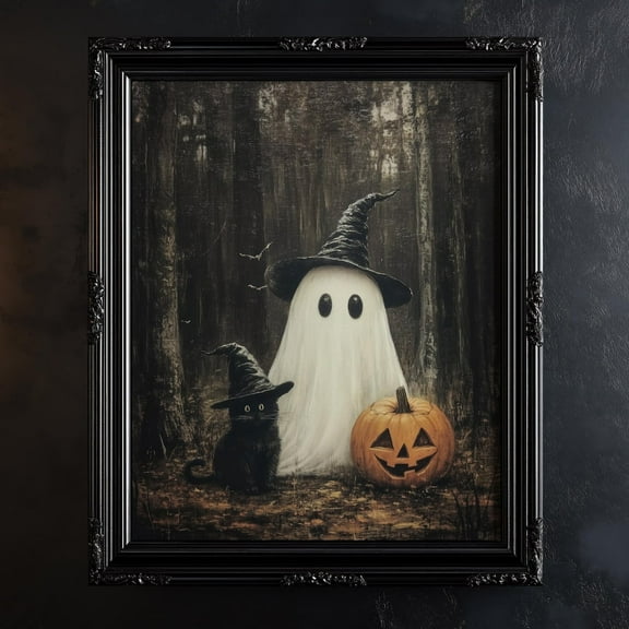 Cute Ghost And Black Cat In Dark Forest Poster Vintage Halloween Canvas Print Painting Wall Art for Bedroom Living Room Home Decor Unframed