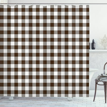 Plaid Shower Curtain, Lumberjack Fashion Buffalo Checks Pattern Retro Style Grid Composition, Cloth Fabric Bathroom Decor Set with Hooks, 69" W x 75" L, Brown and White, by Ambesonne