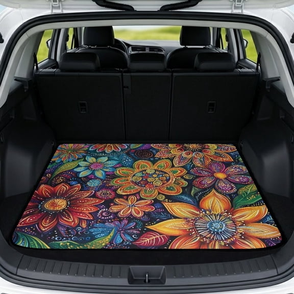Yspwyqan Universal Car Trunk Mat 29" x 39", Grip-Backed Season-Resistant Rear Trunk Mat, Vibrant Boho Floral Easy to Clean Auto Interior Accessory for Most Wagons for Women Gifts
