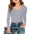 thumbnail image 5 of Girls Long Sleeve T-shirt Summer Ribbed T Shirt V-Neck Fitted Casual Basic Tee Kids Junior Cotton Tee Tops Spring Summer Fall Casual Streetwear,Red,M, 5 of 8
