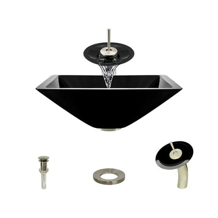 MR Direct 603 Black Vessel Sink Ensemble with a Brushed Nickel finish waterfall faucet, pop-up drain, and sink ring.