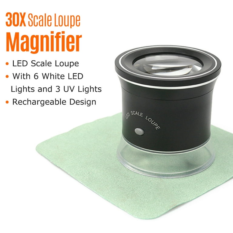 Andoer 30X LED Scale Loupe Illuminated Magnifier with 6 White 3 Lights  Rechargeable Magnifying Glass Interchangeable Reticle Scale for PCB Jewelry  Coin sticker Textile Painting, with Zipper Bag 