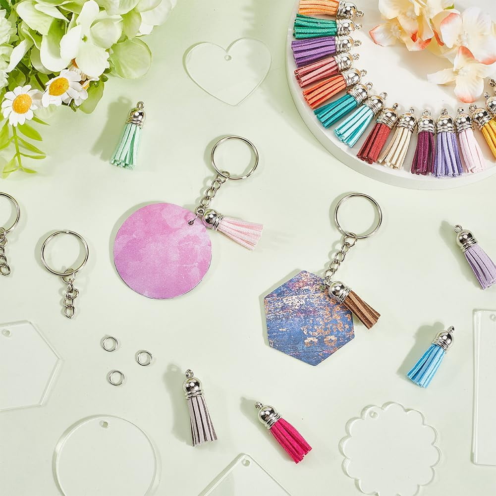 300Pcs Acrylic Keychain Blanks Bulk Key Chain Blanks Clear Round Rectangle Heart Blank with Tassel Pendant Keychains Making Kit for Vinyl Jewelry Making Supplies DIY Crafts colorful
