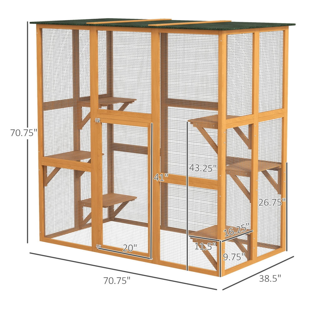 Resenkos Cat Playpen,Outdoor Cat House Big Catio Wooden Feral Cat Shelter Enclosure with Large Spacious Interior, 6 High Ledges, Weather Protection Asphalt Roof, 71" L, Orange