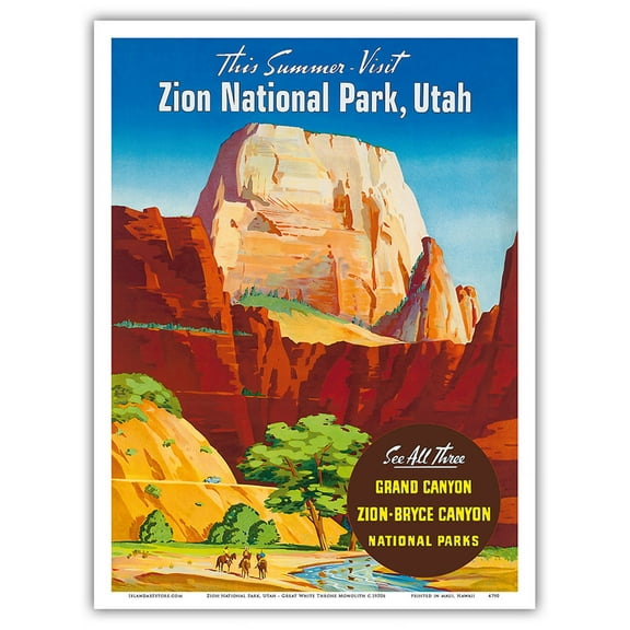 Zion National Park Utah - Great White Throne Monolith - Vintage Travel Poster c.1950s - Master Art Print (Unframed) 9in x 12in