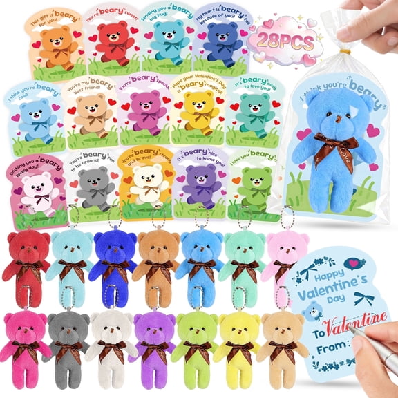 28 Packs Gift for Kids - 4.7" Mini Plush Bear Stuffed Animals Bulk Keychain with  Cards for Kids School, Classroom Gift Exchange, Party Favor & Prize for Boys Girls