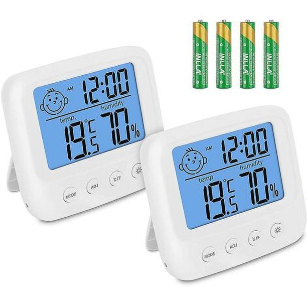 Termómetro higrómetro para interiores, juego de 2 termómetros para habitación de bebé, medidor de humedad con luz de fondo, instrumentos meteorológicos, función de sensor de humedad, reloj y fecha