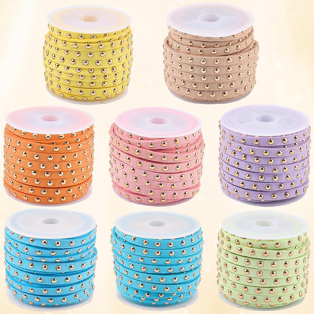 43.7 Yards Studded Suede Cord 8 Colors Flat Microfiber Leather Rope Trim 5mm Lace Beading String Strips Ribbon with Golden Punk Rivets for Jewelry Making Necklaces Bracelets DIY Crafts