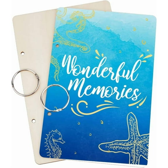 Wonderful Memories Greeting Card Organizer Set Shell Waves Starfish Wooden Card Keeper Binder Suit Holder Book with 2-Ring Inner Sleeve and Punch for Birthday Wedding Gift 24x16cm