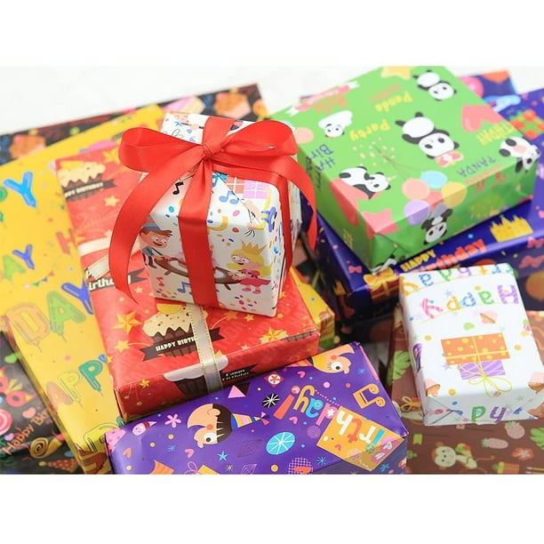 Birthday Wrapping Paper for Kids Boys Girls,Gift Wrapping Paper Set,10  Sheets Cartoon Themed 20 x 28 inches Folded Paper w/Gift Tags and Red  Ribbon
