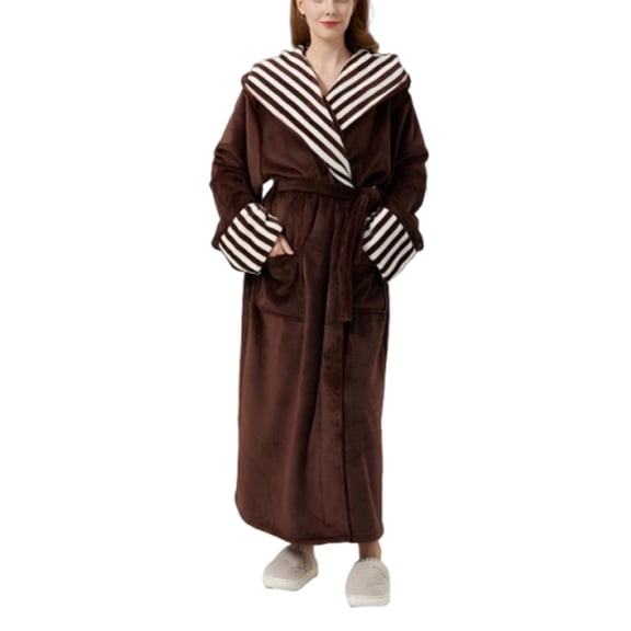 Jamicy Women's Sleep Robe Casual Striped Bath Robe Fleece Long Bathrobe Fluffy Plush Fuzzy Long Sleeve Soft Thick Warm