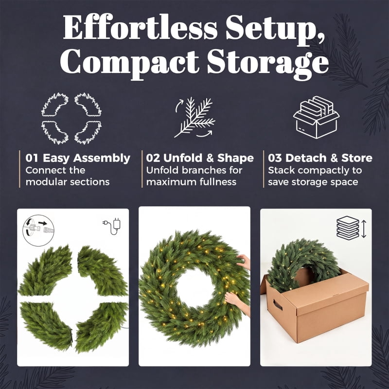 Alvantor Christmas Wreath Pre-Lit Norwegian Spruce with 150 LED Lights for Door 48"x48"x7" Green