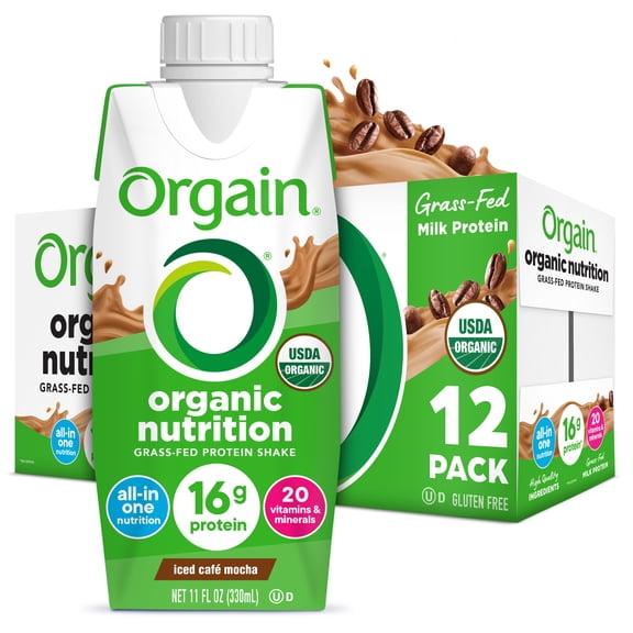 Orgain Organic Nutrition Shake, Grass Fed Protein, Iced Café Mocha 11oz, 12ct