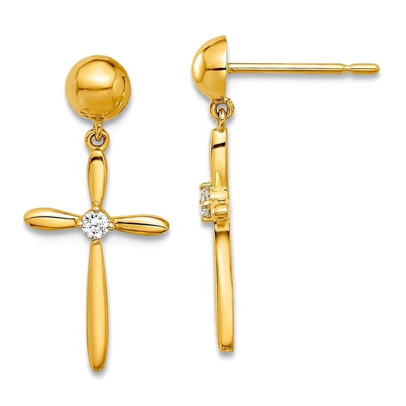 14k Solid Yellow Gold Polished Cubic Zirconia Religious Faith Cross Post Long Drop Dangle Earrings 18.9x8.9mm Wide Dangl