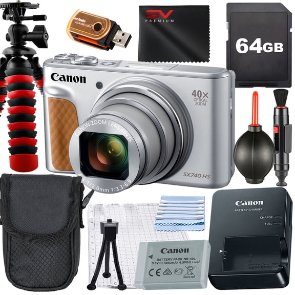 Canon PowerShot SX740 HS Digital Camera (Silver) with SanDisk 64GB Memory Card   Case   Tripod   SV Premium Accessory Bundle (International Version)