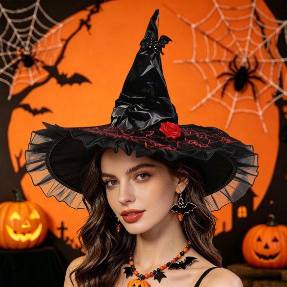 RUTAYY Women's Halloween Witch Hat Spider Web Embroidery Bat and Rose Decor Wide Brim Party Hats Black