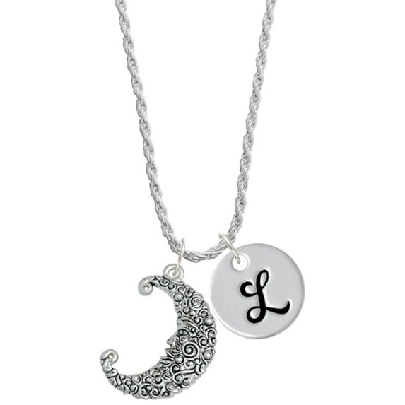Delight Jewelry Silvertone Large Swirl Man in Moon Silvertone Script Initial Disc - L - Charm Necklace, 20"+3"