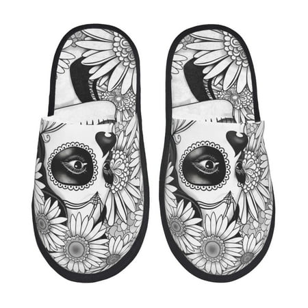 

Fuzoiu Floral Sugar Skull Portrait Print Unisex Furry Slippers Plush Indoor Shoes Trendy House Slippers Anti-Skid EVA Sole House Shoes for Home Office and Travel -Medium