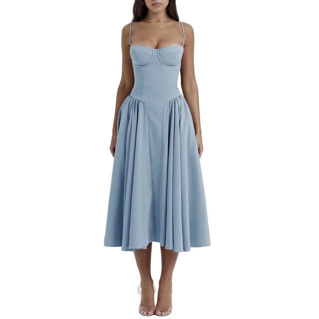ZAXARRA Robe d'Été Décontractée pour Femmes, Ligne A, Couleur Unie, Sans Manches, Dos Nu, Robe Midi, Mode, Poches Latérales, Coupe Basse