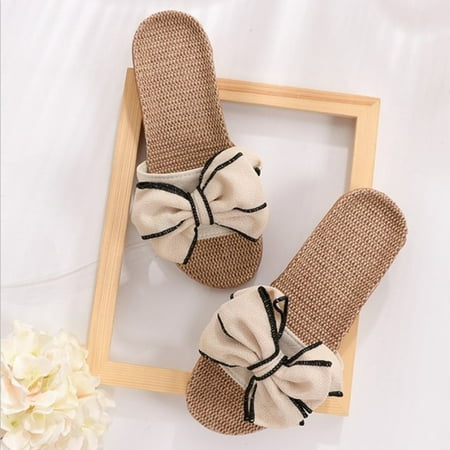 

Glglgege Women Summer Casual Slides Comfortable Flax Slippers Striped Bow Linen Flip Flops Platform Sandals Ladies Indoor Shoes