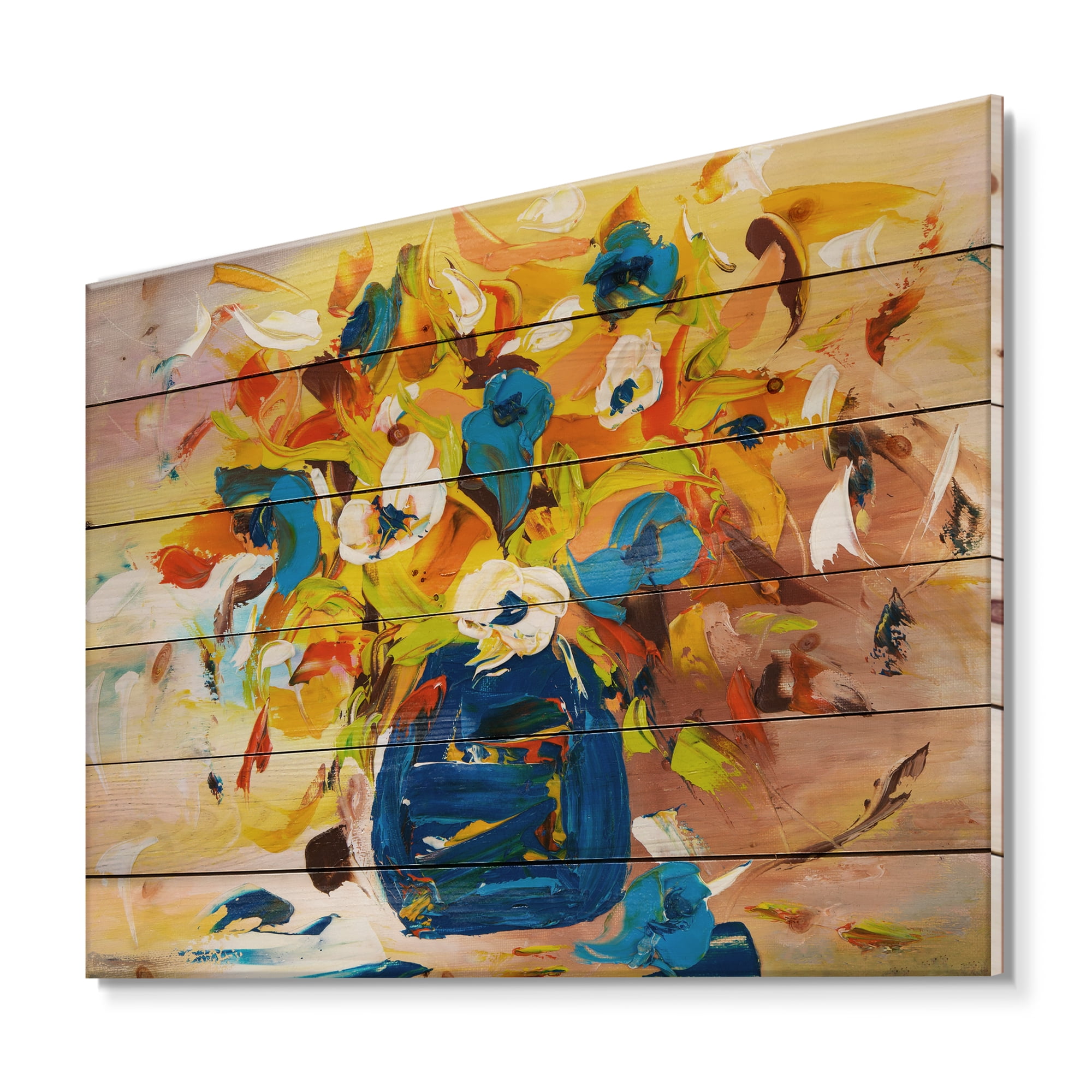 Designart 'A VIbrant Flower Bouquet In Blue and Yellow' Traditional Print on Natural Pine Wood