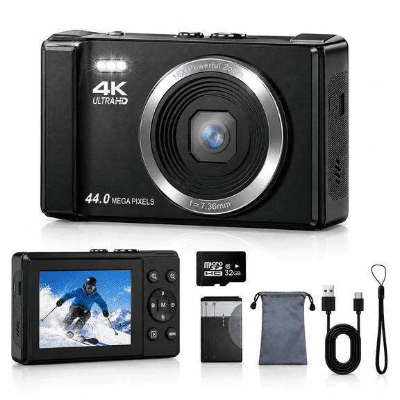 TOPVISION Digital Camera, 4K 44MP Vlogging Camera for Photography, 16X Digital Zoom, Autofocus, LED Fill Light & 32GB Card, Compact Point and Shoot Camera for Kids, Teens & Beginners