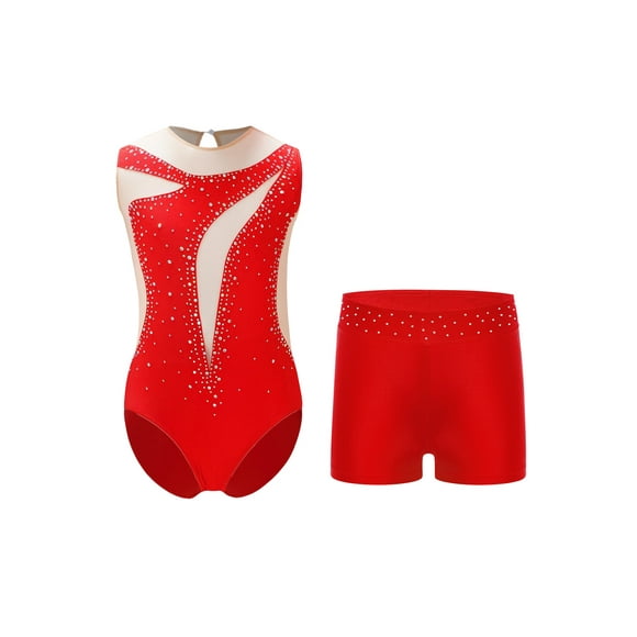 Aislor Justaucorps de Gymnastique et Danse pour Filles Combinaison de Patinage Artistique en Maille Transparente Tenue de Danse Contemporaine Rouge 14