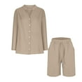 thumbnail image 3 of Women's Cotton Linen Short Sets 2 Piece Long Sleeve Button V Neck Top and Short Vacation Two Piece Outfits, 3 of 8