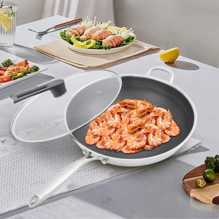 Silver SUS316 Stainless Steel Honeycomb Wok 36x9.5cm Non-Stick Pan Household Cooker