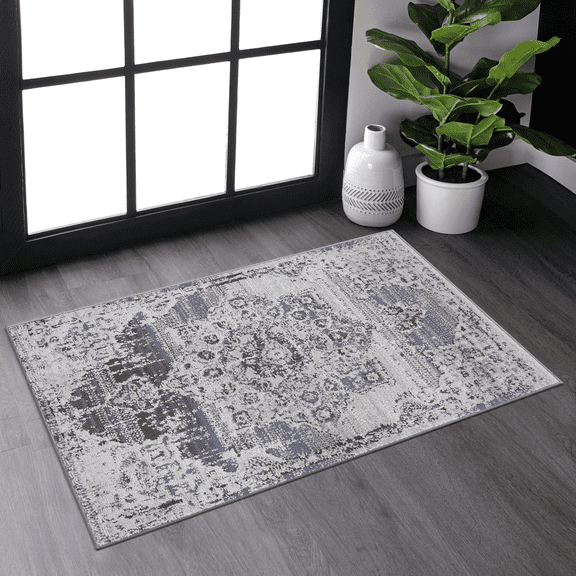 2' x 3' Cream Blue Medallion Area Rug Non-Shedding Stain Resistant Medium Pile Carpet for Living Room Bedroom Dining Room Home Office Entryway