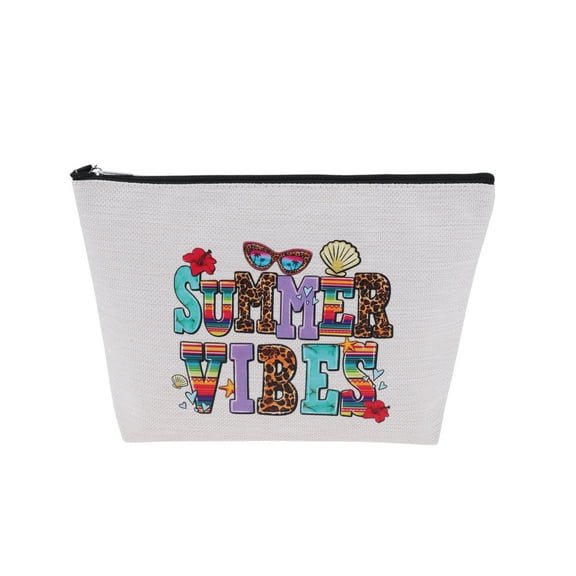 Unique Bargains 1 Pc Linen Printed Makeup Bag for Vacation Business Travel White Flax