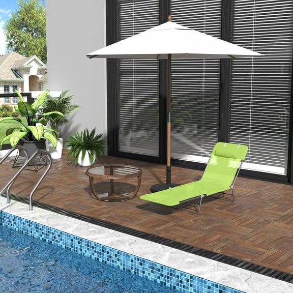 LEIYY Folding Chaise Lounge Pool Chairs, Outdoor Sun Tanning Chairs with Pillow, Reclining Back, Steel Frame & Breathable Mesh for Beach, Yard, Patio Spring Green