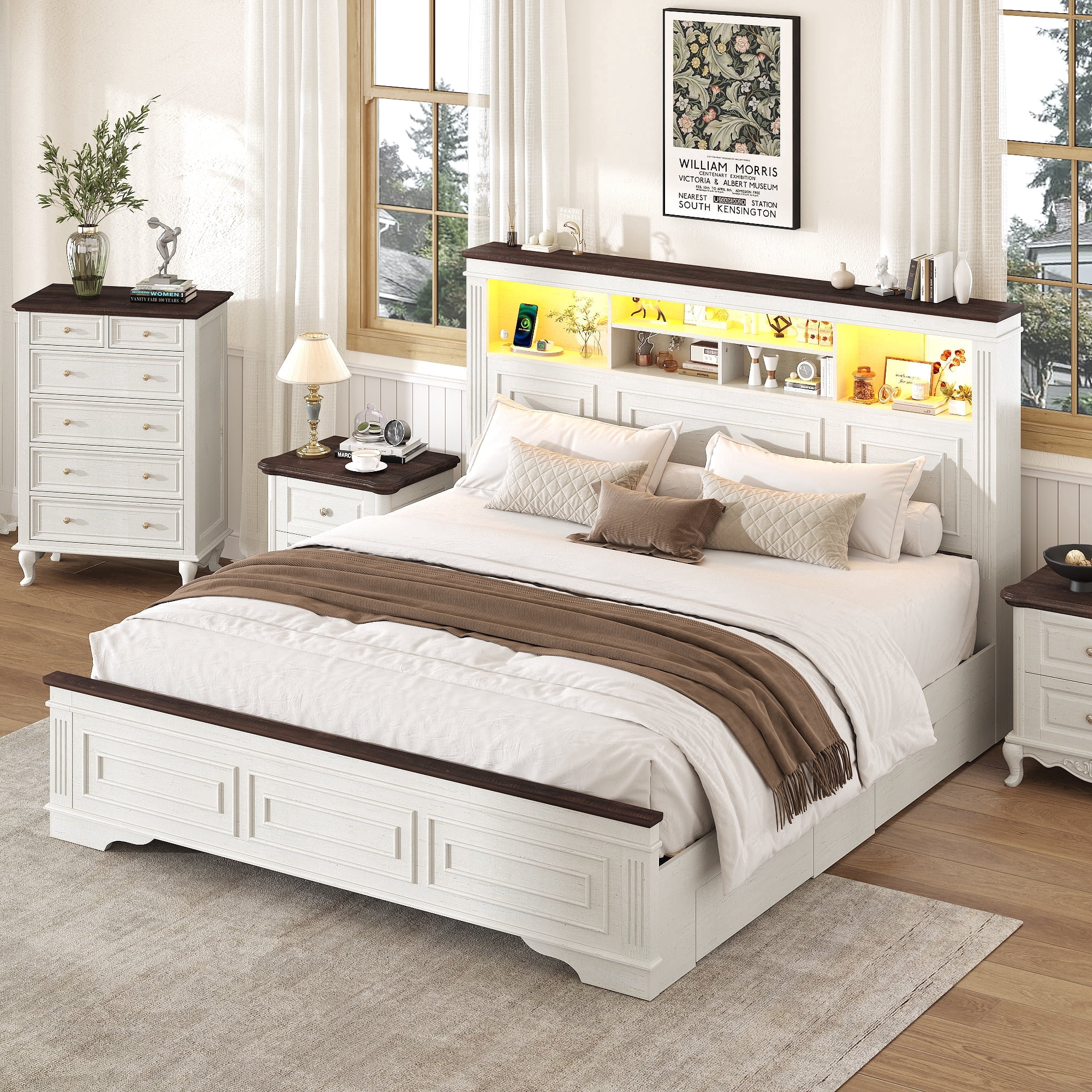 ANPOO Farmhouse King Size Bed Frame with 51" Tall Headboard & 4 Drawers, King Bed Frame and Headboard with LED Lights & Charging Ports, No Box Spring Needed, Wooden, Antique White