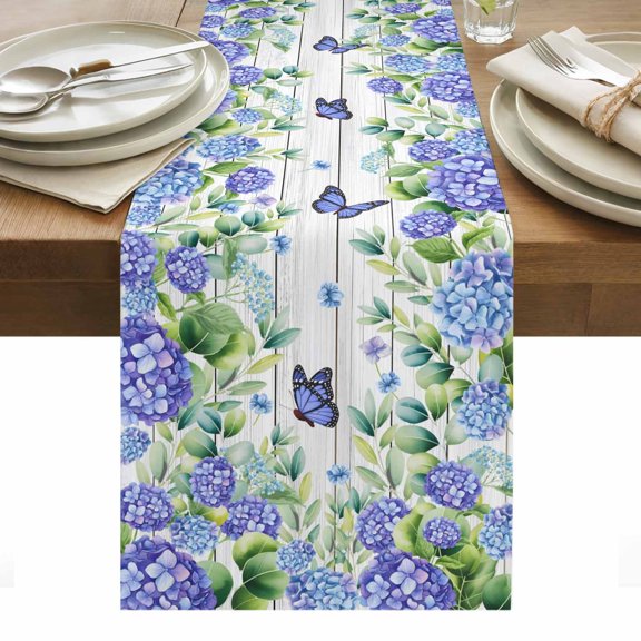 Purple Hydrangea Table Runner - 90 Inch Long, Kitchen Dining Table Runner Dresser Scarves, Spring Eucalyptus Butterfly Grey Wooden Farmhouse Decor for Coffee Tables Wedding Party Banquet