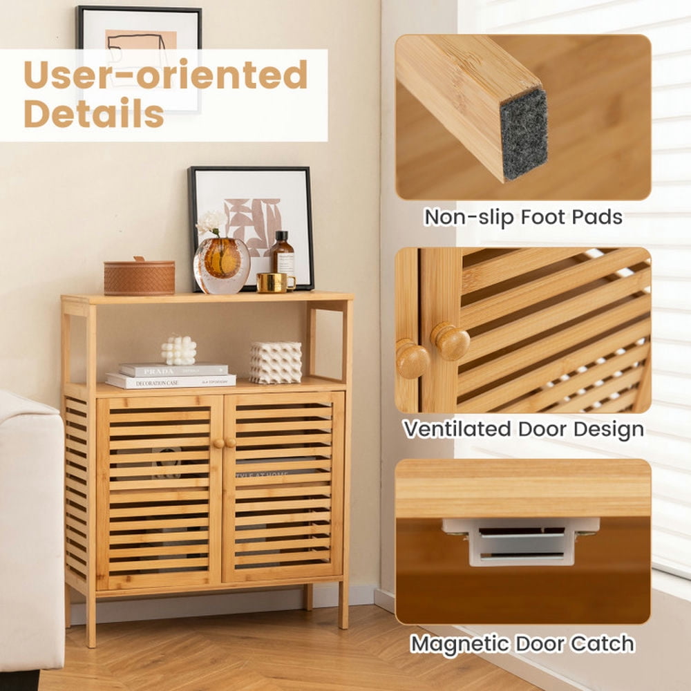 Finihen Bathroom Storage Cabinet, Bathroom Floor Cabinet, Bamboo Bathroom Floor Storage Cabinet with Shutter Doors, for Bathroom, Living Room, Bedroom, Kitchen, Natural Finihen Bathroom Storage Cabinet, Bathroom Floor Cabinet, Bamboo Bathroom Floor Storage Cabinet with Shutter Doors, for Bathroom, Living Room, Bedroom, Kitchen, Natural
