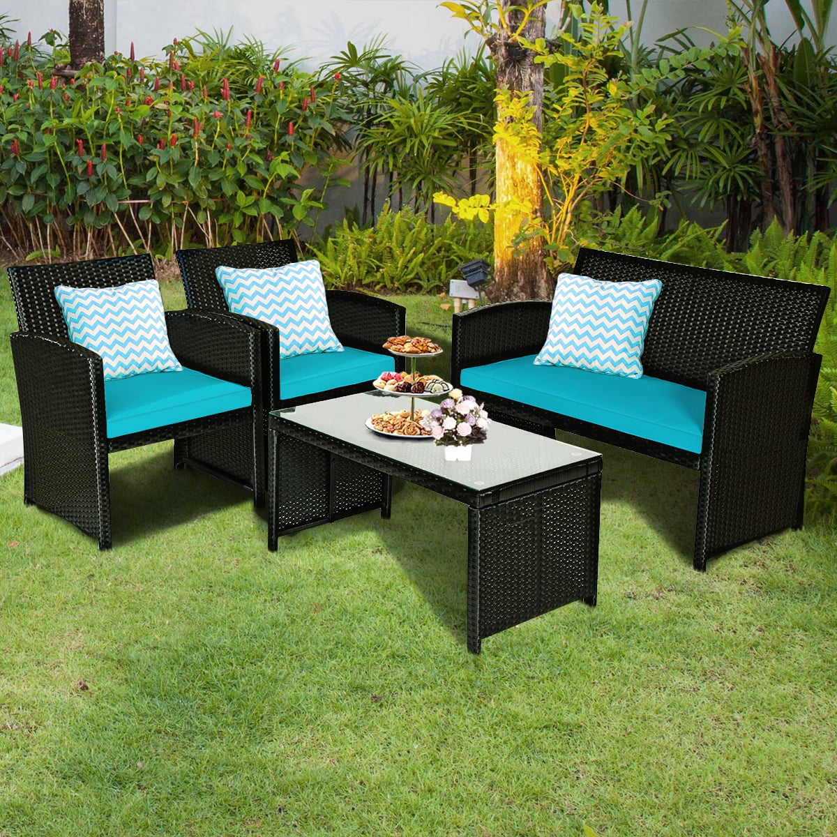 Costway 4PCS Patio Rattan Furniture Conversation Set Cushion Sofa Table Garden Turquoise