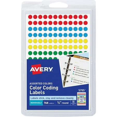 Preprinted Removable Labels Avery Handwrite Only Removable Round Color-Coding Labels, 1/4