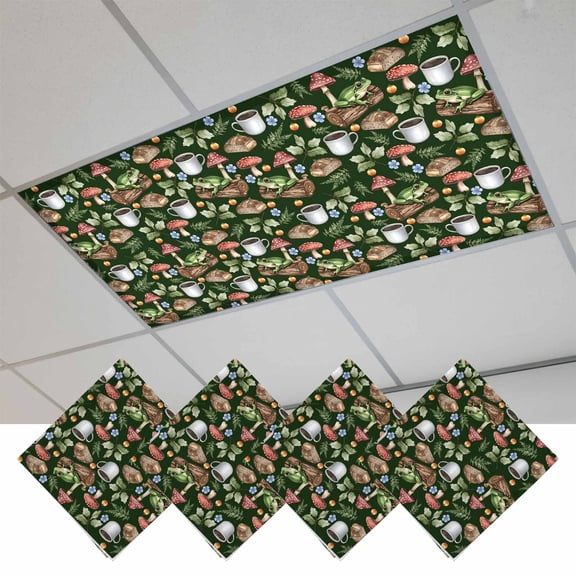 Fluorescent Light Covers for Ceiling Lights Classroom, Tropical Magnetic Ceiling Light Cover Filter for School,Office, 2X4 FT, Pack of 4, Frog Bread Mushroom Coffee Print Dark Green