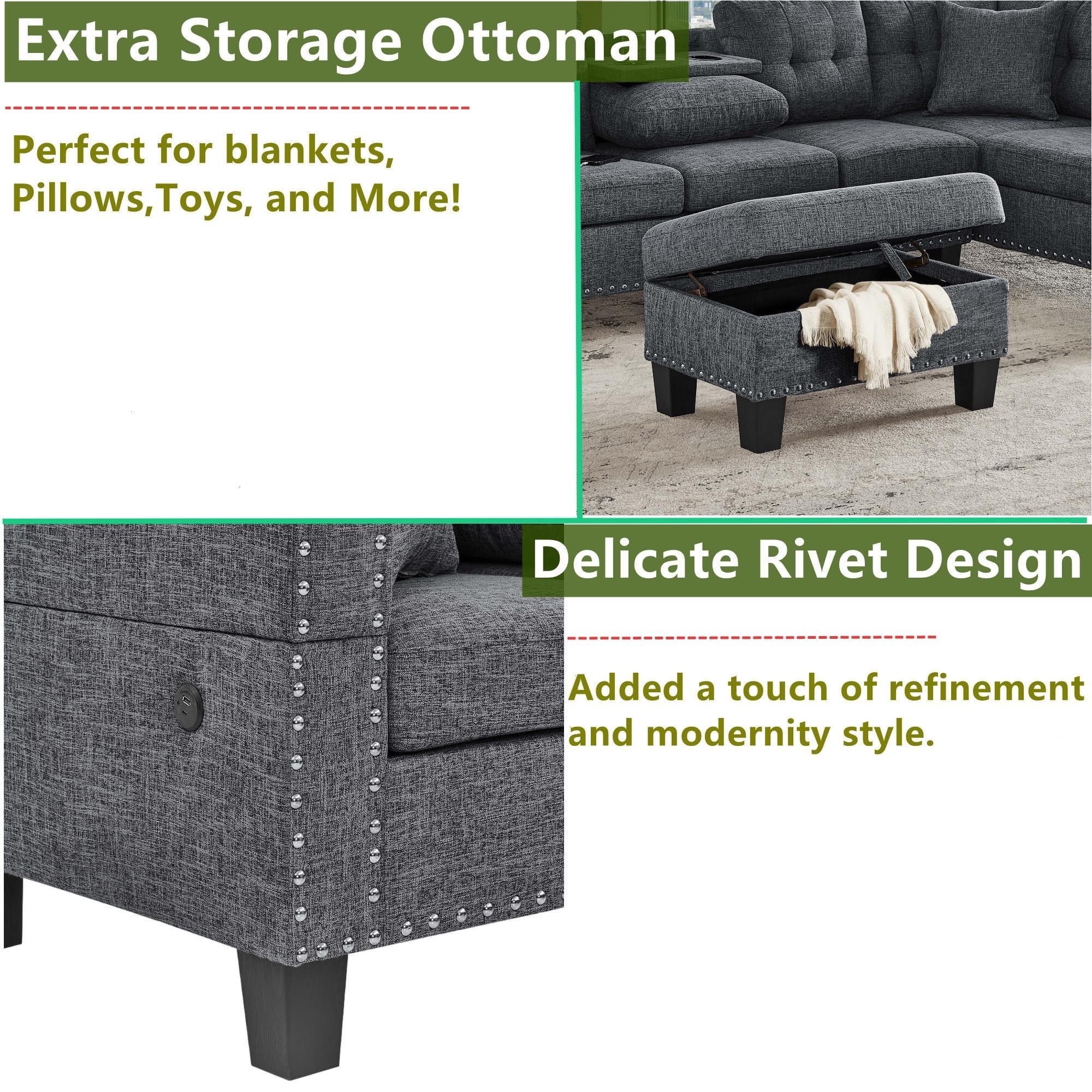 Aukfa 3 Piece Sectional Sofa Couch with Cupholder USB & Storage Ottoman for Living Room, Linen, Right Chaise, Gray
