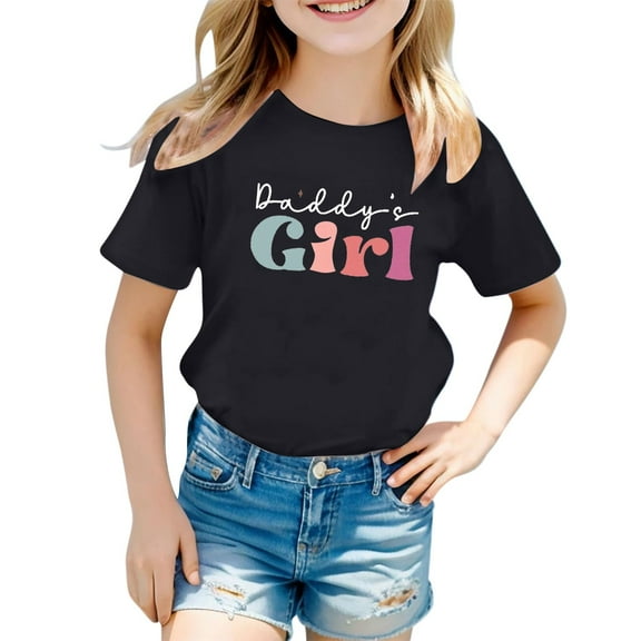 XEGLSBU Shirts for Girls 12-14 Preppy Children's Casual Letter Pattern Print Multicolor Round Neck Short Sleeves Black Size 12-13 Years